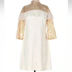 Roberta Biagi Gold Sequins 3/4 Sleeves Cocktail Ruffle Designer Dress Size S NWT